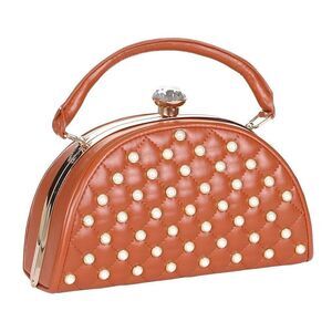 Brown Jewel Top Metal Frame Pearl Design Satchel Handbag